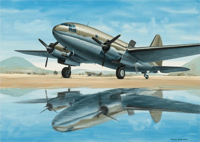 Thijs Postma - TP Aviation Art - Poster - Curtiss C-46 Met Water Reflectie - 50x70cm