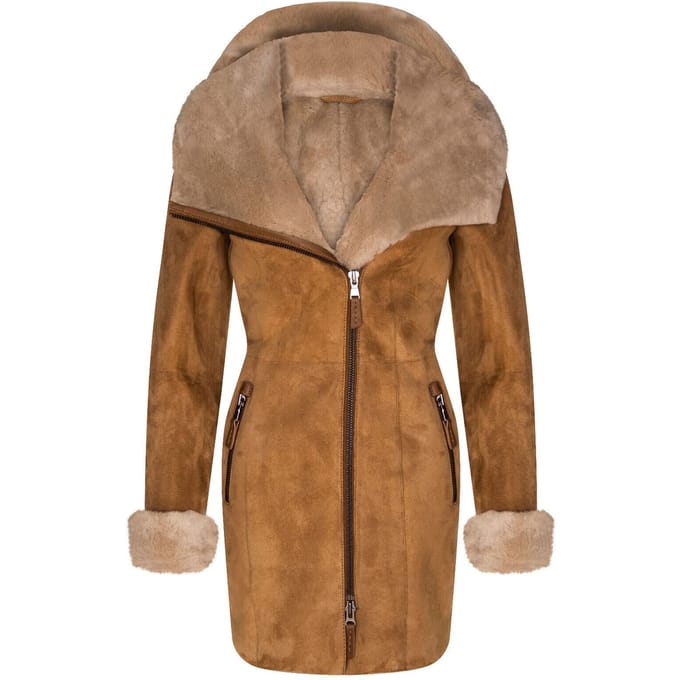 Dames merino schapenvacht jas met capuchon-antiek