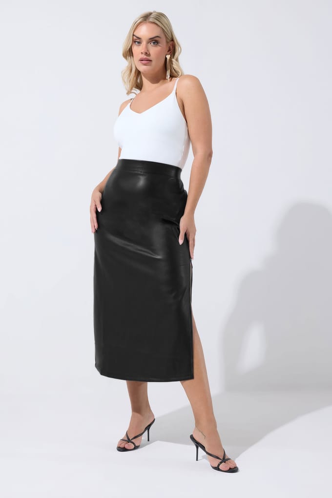 Limited Collection Lange Rok Van Imitatieleer Met Zijsplit In Zwart Size 48