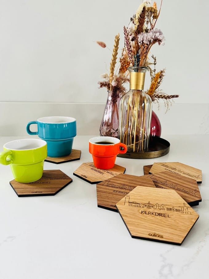 5x Onderzetters Skyline van Kerkdriel - 10x9cm - Eikenhout