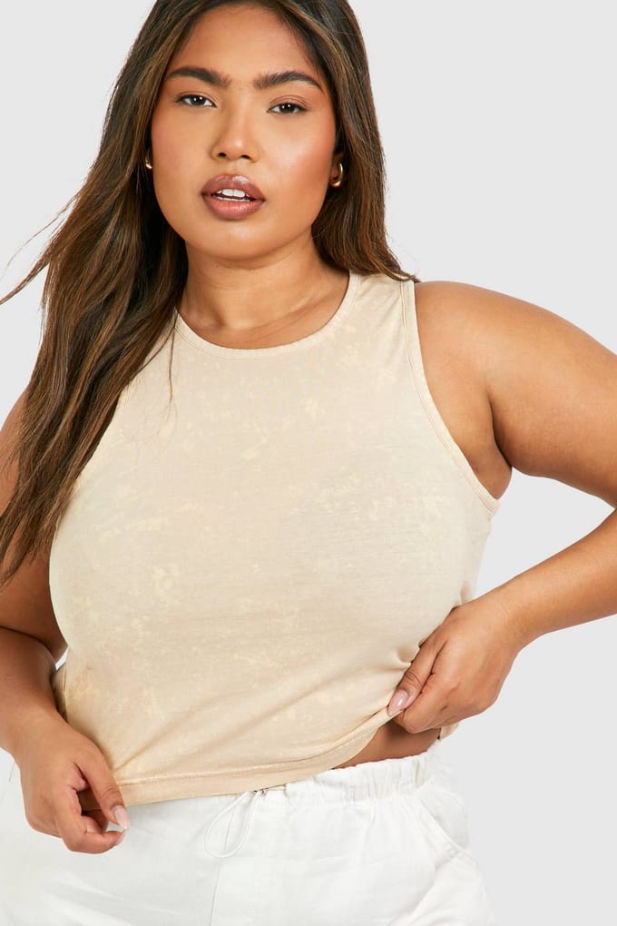 boohoo Dames Plus Washed Geribbelde Racer Vest | Taupe | Maat: 56