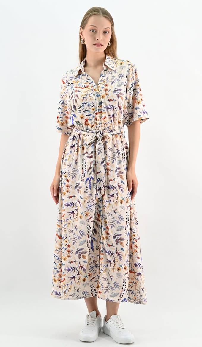 YesMooi - Maxi Overhemdjurk met Bloemenprint en Strikceintuur - Multicolor - M (38)