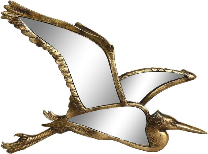 Wand decoratie spiegel ornament - vogel/reiger - goud - polyresin/glas - L35 x H26 cm