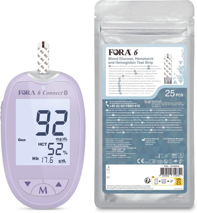 FORA 6 Connect | Bloedglucose-, Hematocriet- en Hemoglobine Meter (Multi-parameter) (purple meter) - Bloedsuikermeter - Glucose Meter - Inclusief Strips