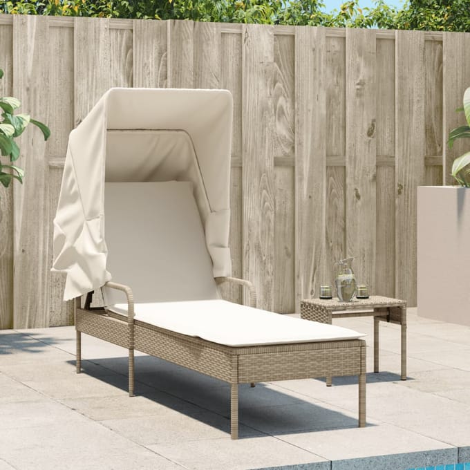 vidaXL - Ligbed - met - luifel - en - tafel - poly - rattan - beige