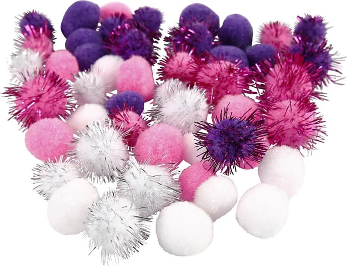 Pompons, d 15+20 mm, paars, lichtrood, wit, 48 div/ 1 doos