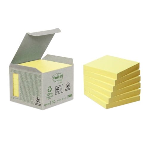 Memoblok post-it 654-1b 76x76mm recycled geel 6 Stuks