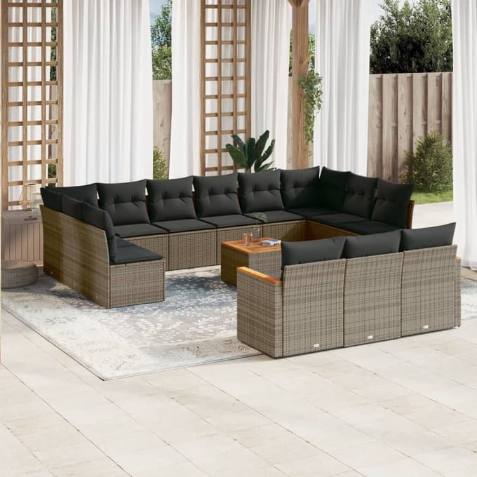 vidaXL - 14-delige - Loungeset - met - kussens - poly - rattan - grijs