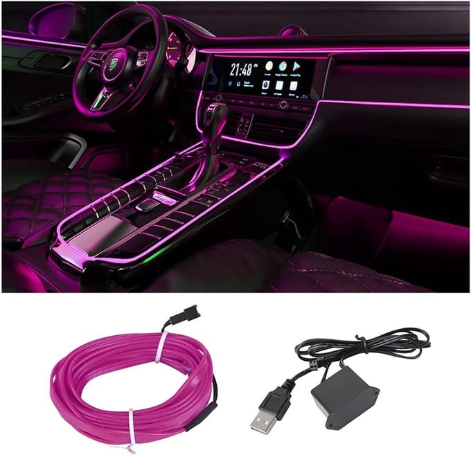 LED-lichtstrip voor het auto-interieur, 500 cm, sfeerverlichting voor de decoratie van het auto-interieur, ter decoratie van de auto (paars)
