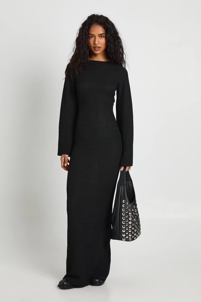 boohoo Dames Gestructureerde columnjurk met lange mouwen | Black | Maat: 12