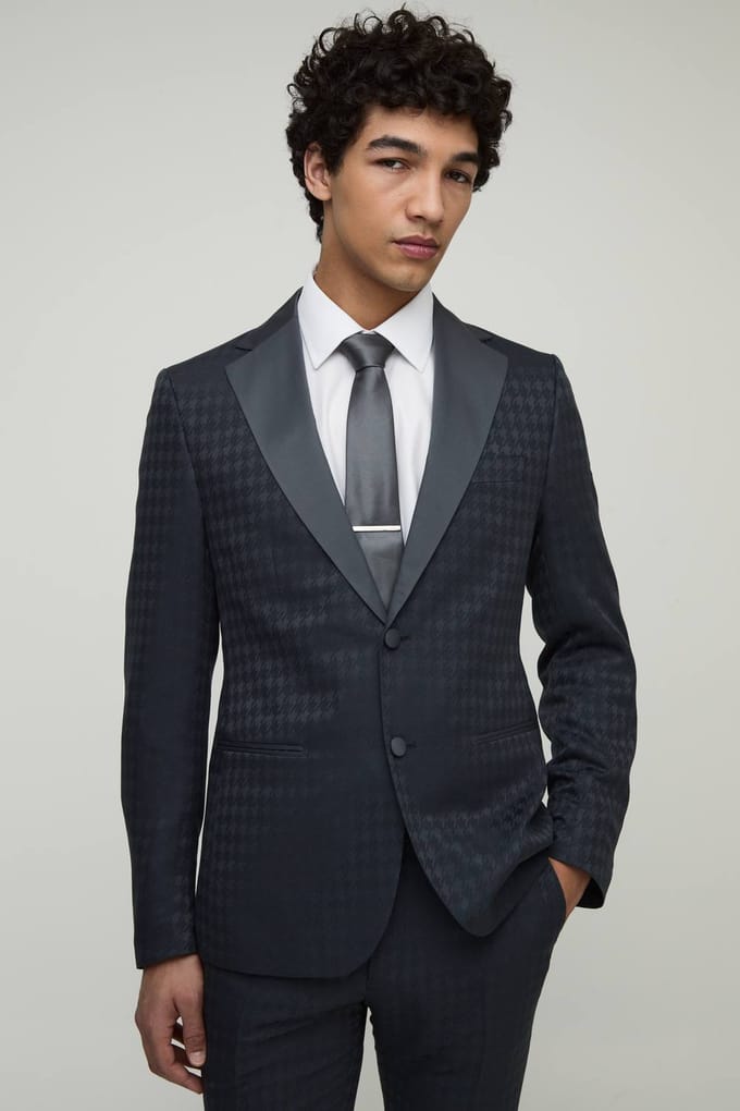 Skinny Tonal Houndstooth Single Breasted Jacket | Navy | Size 48