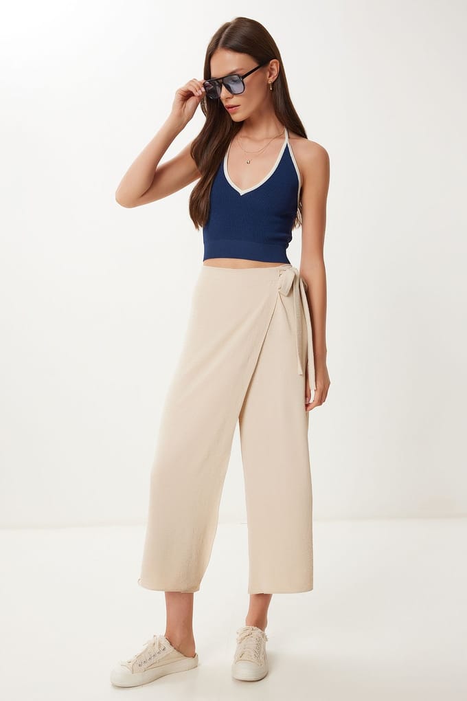 Hoge Taille Wijdvalige Croppants met Strikdetail