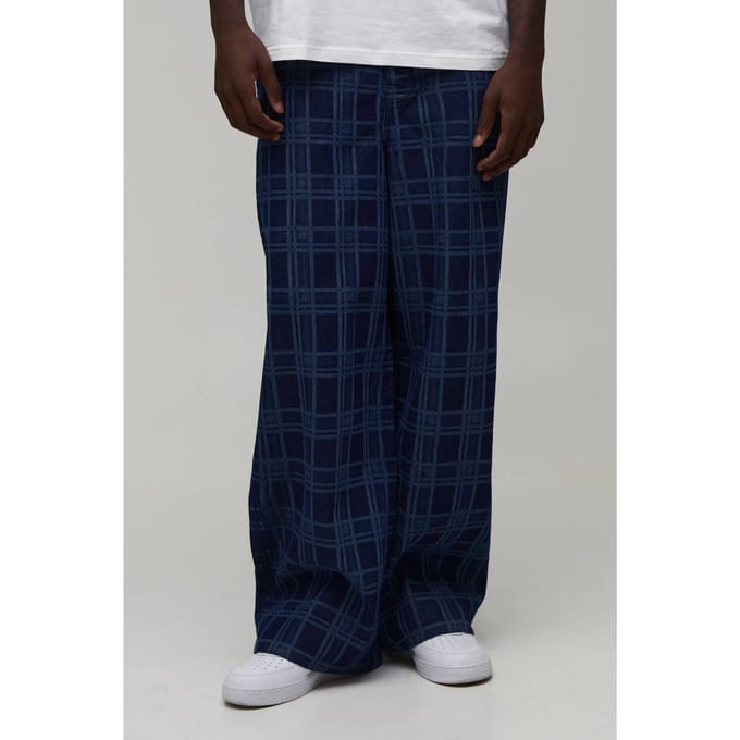 Baggy Check Printed Jeans | Indigo | Size 44