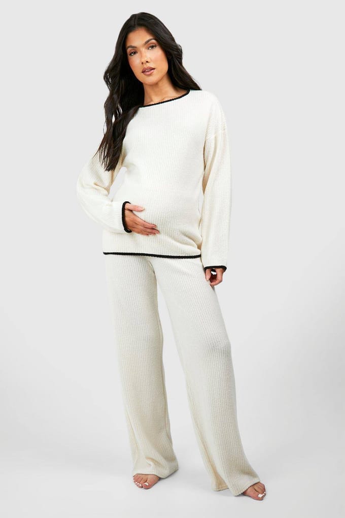 boohoo Dames Maternity Contrast Soft Rib Loungewear Set | Creme | Maat: 36