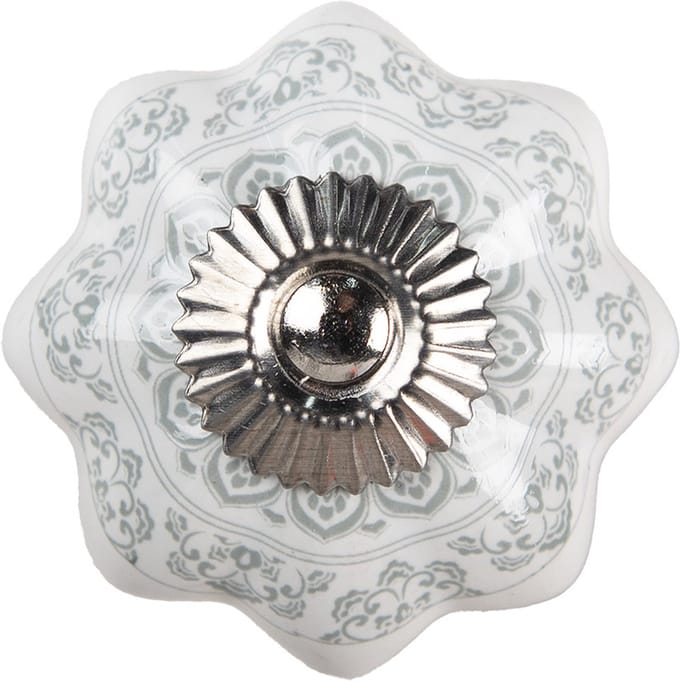 Clayre & Eef Deurknop Ø 4.5 cm Wit Grijs Keramiek Bloemen