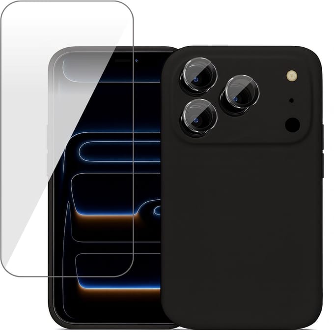 Hoesje geschikt voor iPhone 17 Pro - Screenprotector Glas & Camera Protector - Mat Back Case Zwart