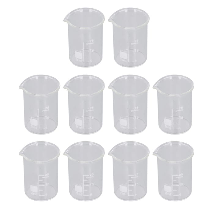 10-delige glazen bekerset voor experimenten, maatbekers met schaalverdeling, lesmateriaal, inhoud 25 ml white