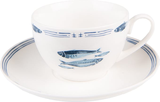 Clayre & Eef Kop en Schotel 250 ml Wit Blauw Porselein Vissen