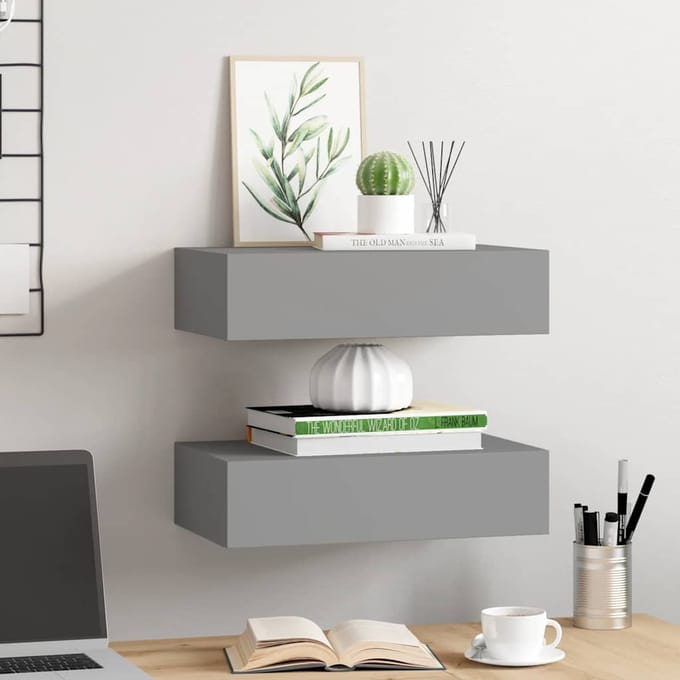 vidaXL - Wandschappen - 2 - st - met - lade - 40x23,5x10 - cm - MDF - grijs
