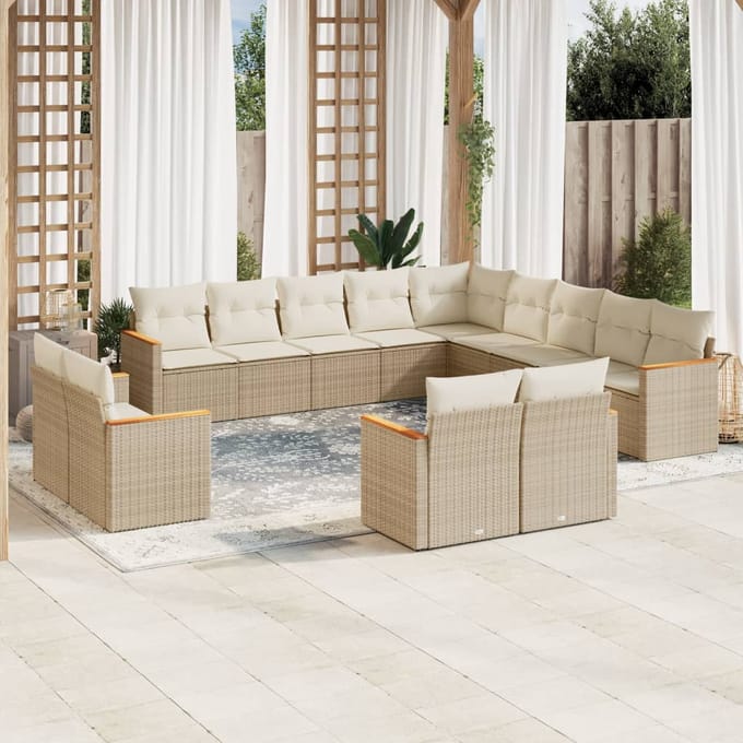 vidaXL - 13-delige - Loungeset - met - kussens - poly - rattan - beige