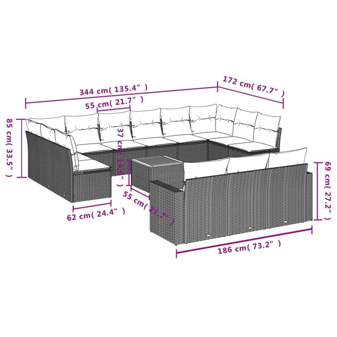 vidaXL - 14-delige - Loungeset - met - kussens - poly - rattan - beige