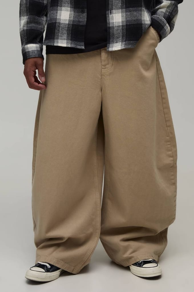 Barrel Leg Broek Met Half & Half Tailleband In Gewassen Twill | Taupe | Size Medium