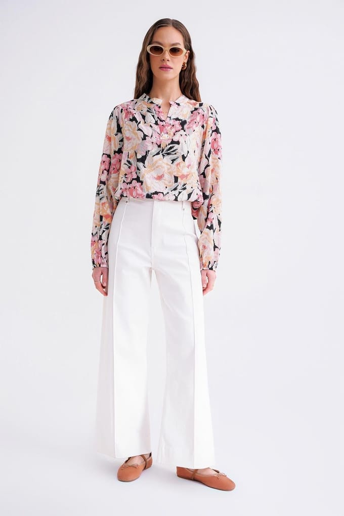 Bloemdruk Lange Mouw Mandarin Kraag Blouse