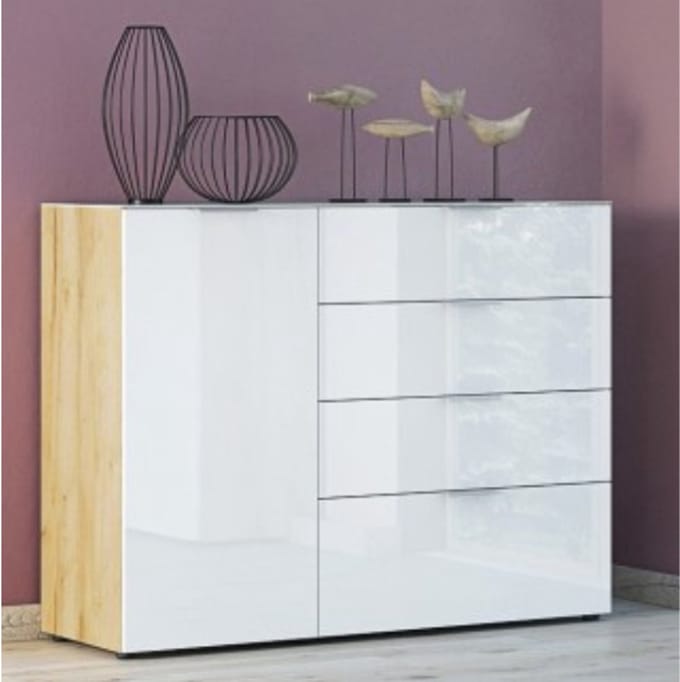 Dressoir Dudek 134cm Met 4 Lades & 1 Deur - Wit/eik