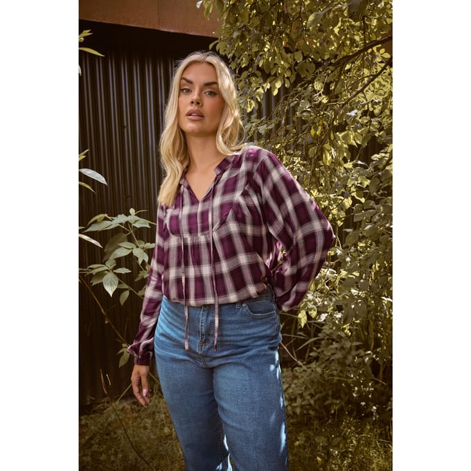 Yours Bordeauxrode Geruite Blouse Met Strikkraag Size 48