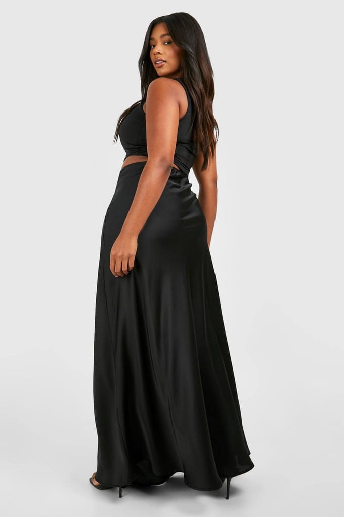 boohoo Dames Plus Satijn Trekkoord Maxi Rok | Black | Maat: 16