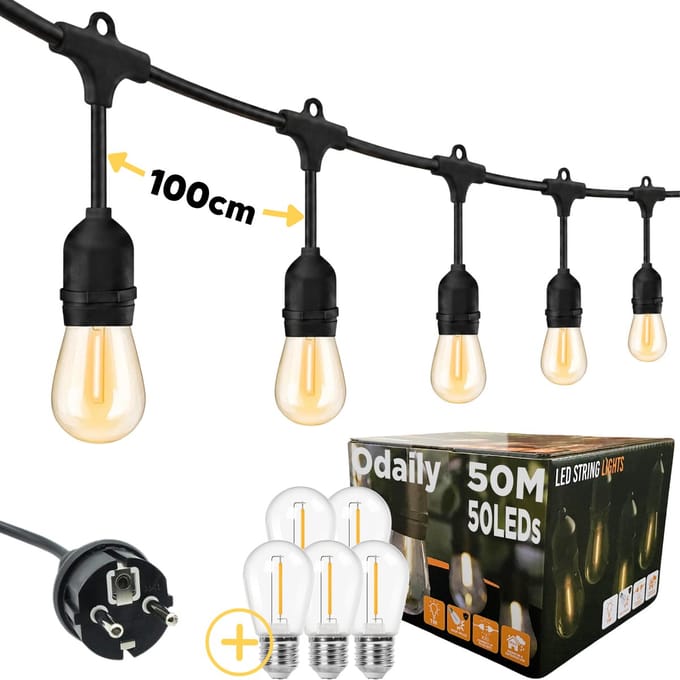 Odaily Lichtsnoer Buiten - 50m - 50 LEDs - Warm Wit Licht - IP65 - Professionele Kwaliteit