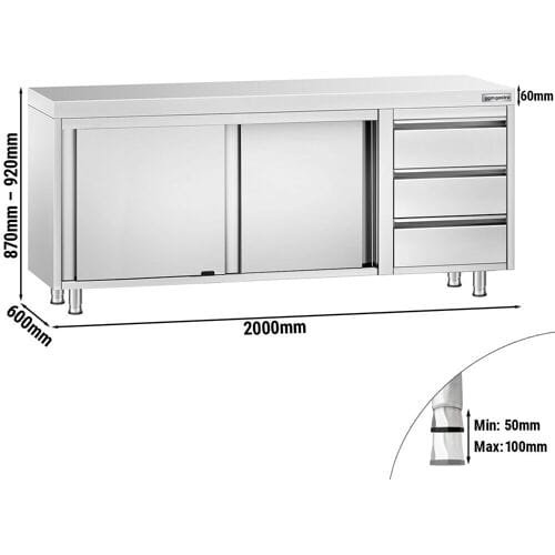 GGM Gastro Edelstahl Arbeitsschrank PREMIUM - 2000x600mm - mit 3 Schubladen rechts