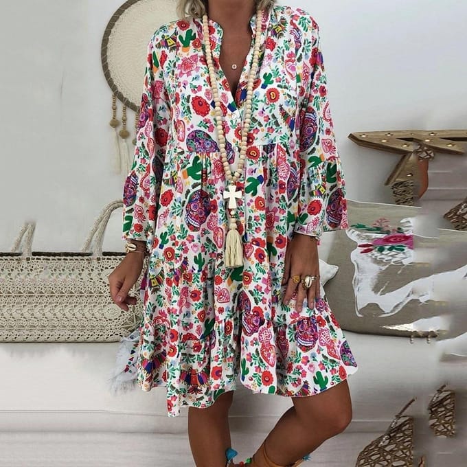 Robe d'été ample et décontractée pour femmes, grande taille, col en V, manches longues, imprimé Floral M rose