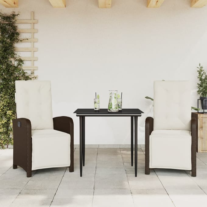 vidaXL - 3-delige - Bistroset - met - kussens - poly - rattan - bruin
