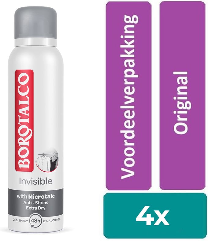 Borotalco Deodorant Spray 150 ml Invisible - Voordeelverpakking 4 stuks