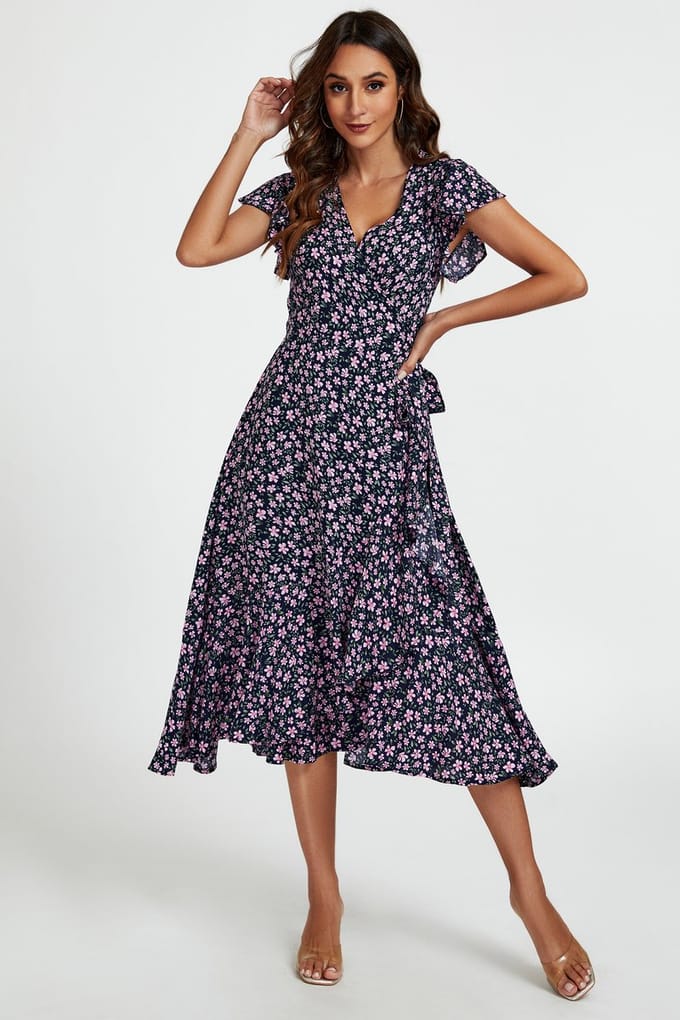 Midi-wikkeljurk met bloemenprint en ruches in marineblauw