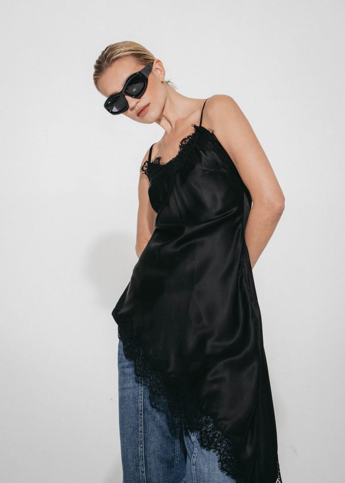 Zenia silk top whit lace trim | Black - Black / M