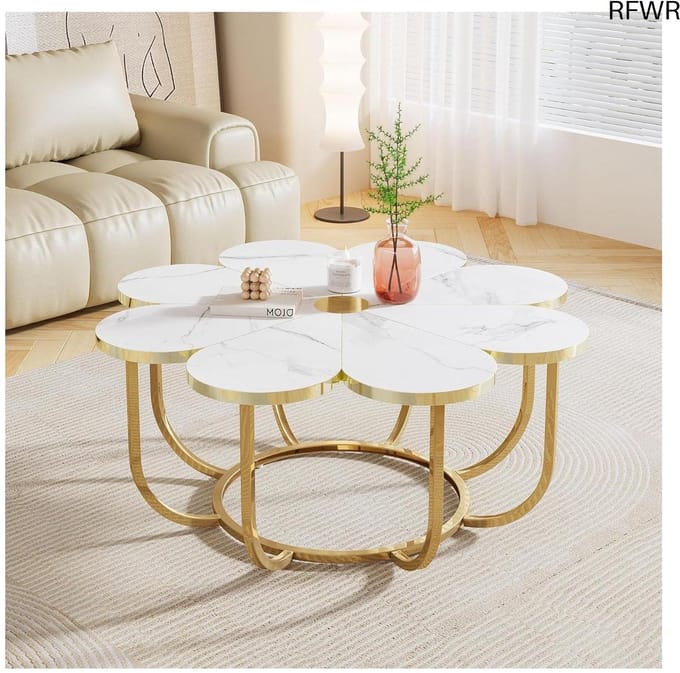 RFWR® Moderne Bloemvormige Salontafel met Marmeren Blad en Gouden Frame