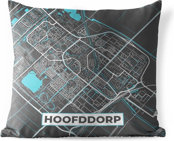 Buitenkussen - Stadskaart - Hoofddorp - Grijs - Blauw - 45x45 cm - Weerbestendig - Plattegrond