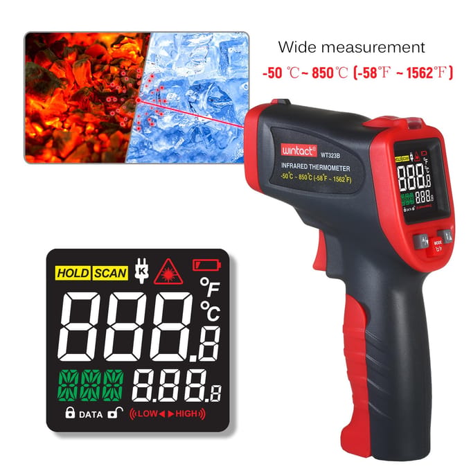 wintact  -50 celsius ~850 celsius  Infrarood Thermometer Professioneel Industrieel Thermometer Instrument met Type K Black & Red