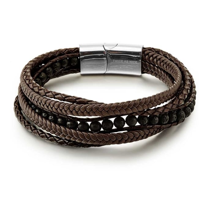 Twice As Nice Armband in edelstaal, leder en lava natuursteen 21cm
