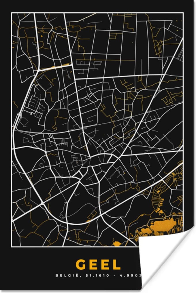 Poster Geel - Stadskaart - Kaart - Goud - Plattegrond - 60x90 cm