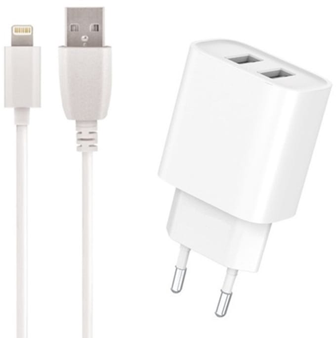 OneOne 2.4A lader met 2 poorten + 0,5m OneOne Lightning kabel. Oplader adapter past op Apple iPhone XR, iPhone XS, iPhone XS Max, iPhone 10, iPhone 11, iPhone 11 Pro, iPhone 11Pro Max, iPhone 12, iPhone 12 Mini, iPhone 12 Pro