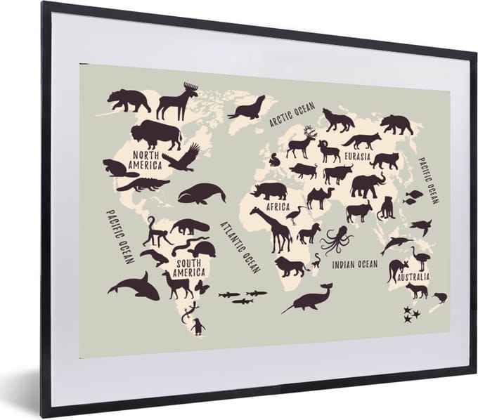 Wereldkaart - Kinderen - Grijs - Schoolplaat - Kinderkamer - 60x40 cm