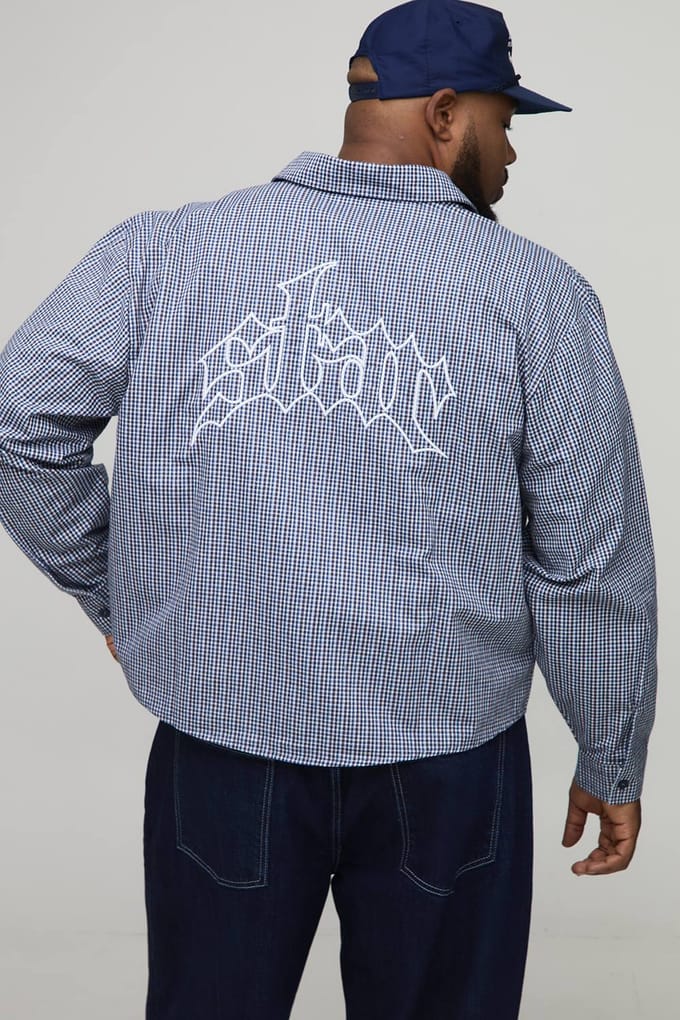 Plus Oversized Boxy Geborduurd Micro-ruiten Overhemd | Navy | Size 2XL