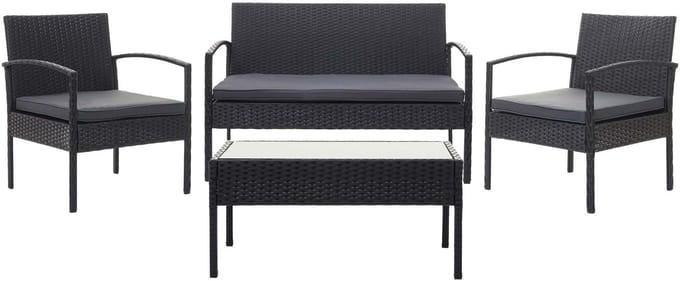Poly-rattan set MCW-F56, balkon/tuin/lounge set ~ zwart, donkergrijze kussens