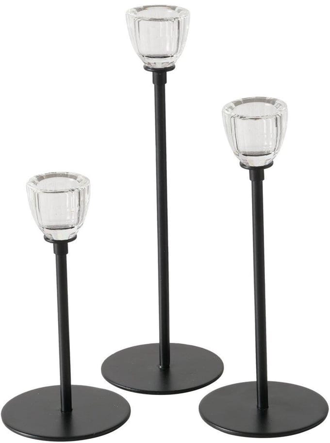 Boltze Home kandelaar set zwart metaal en glas 3-delig Ø7cm.