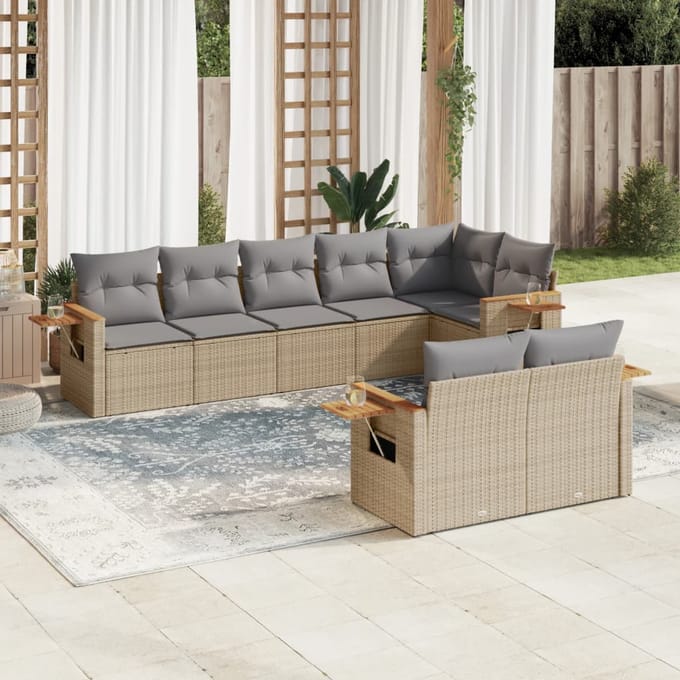 vidaXL - 8-delige - Loungeset - met - kussens - poly - rattan - beige