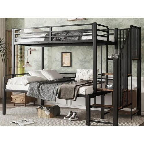 ModernLuxe Stapelbed 90×200 cm + 120×200 cm - veiligheidstrap met 4 treden - Metaal + MDF - Zwart + Natuur