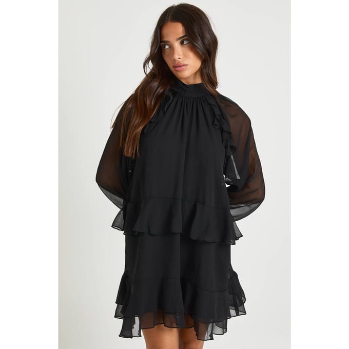 boohoo Dames Petite chiffon jurk met ruches | Black | Maat: 10